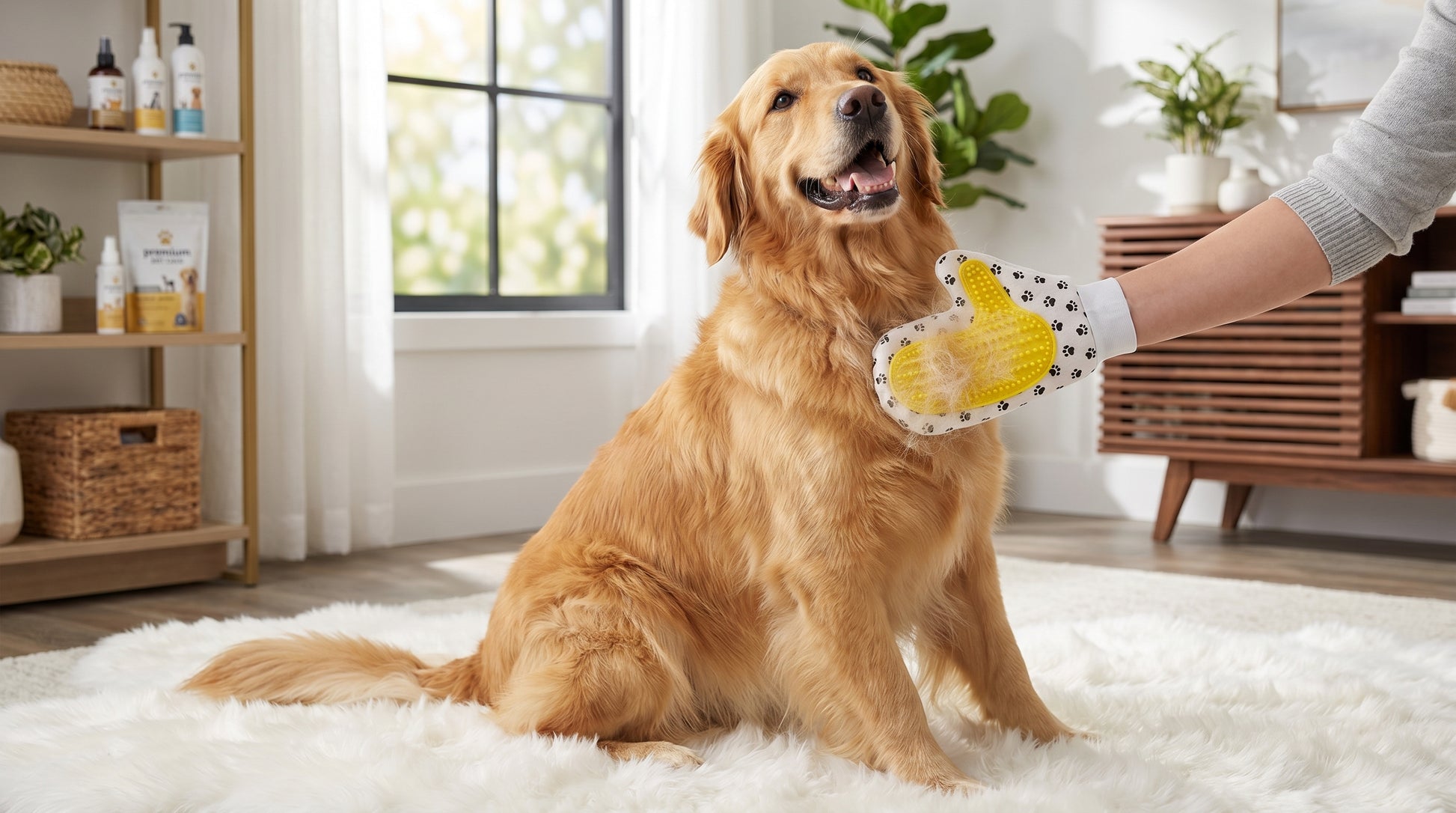 Pet Grooming Glove Yellow & White - Deshedding Hair Removal Glove for Cats & Dogs RizFrazWorld