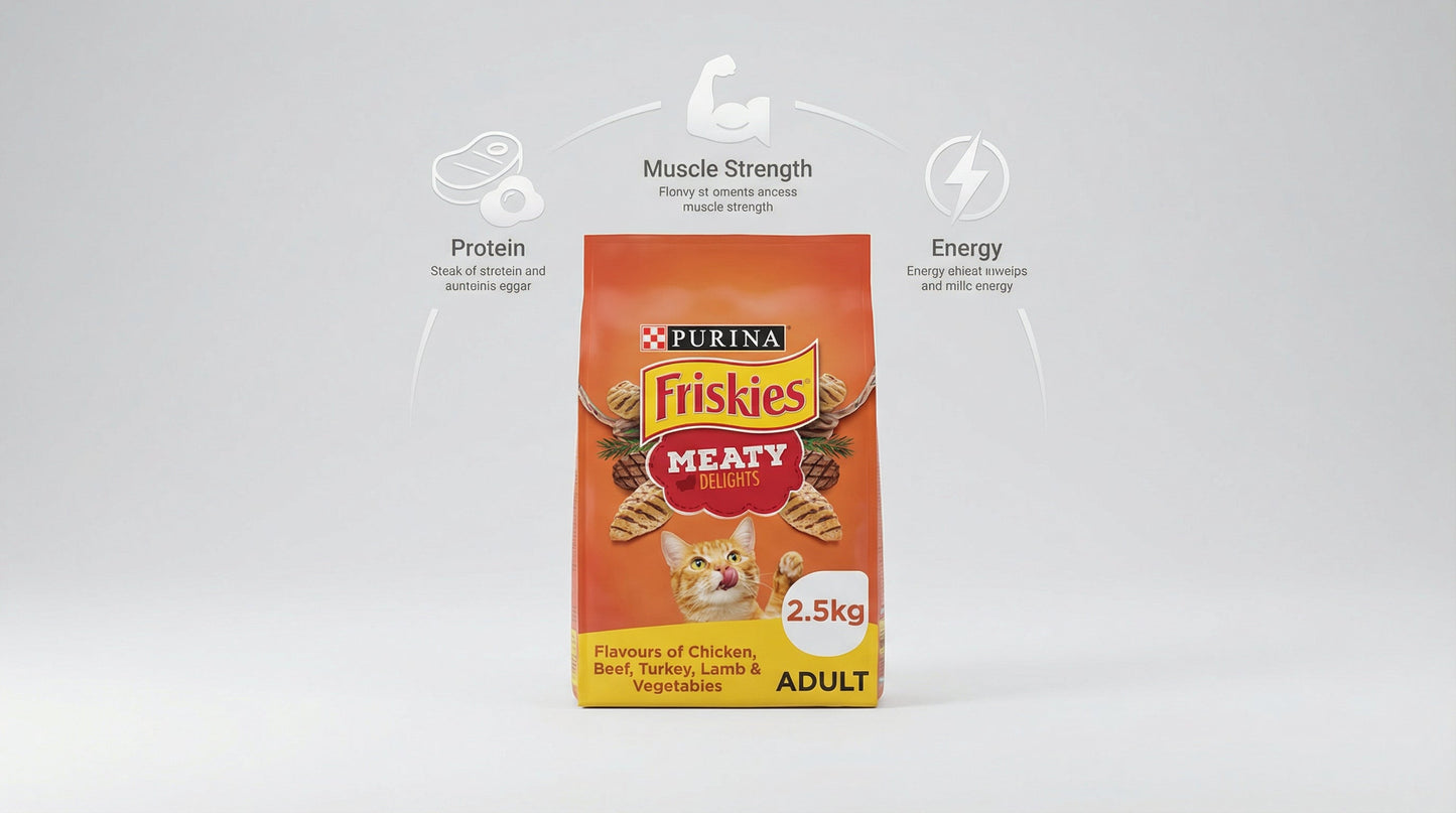 Purina Friskies Meaty Delights Adult Cat Food – High Protein Nutrition for Strong Muscles & Energy (400g / 1kg / 2.5kg) RizFrazWorld